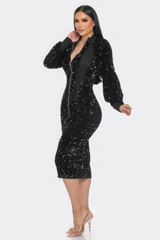 Midi 2 Way Zip Up Sequin Contrast Dress Black