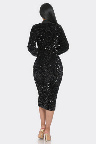 Midi 2 Way Zip Up Sequin Contrast Dress Black