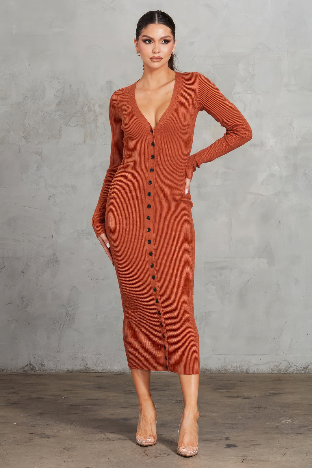 Ribbed Midi Dress Cognac