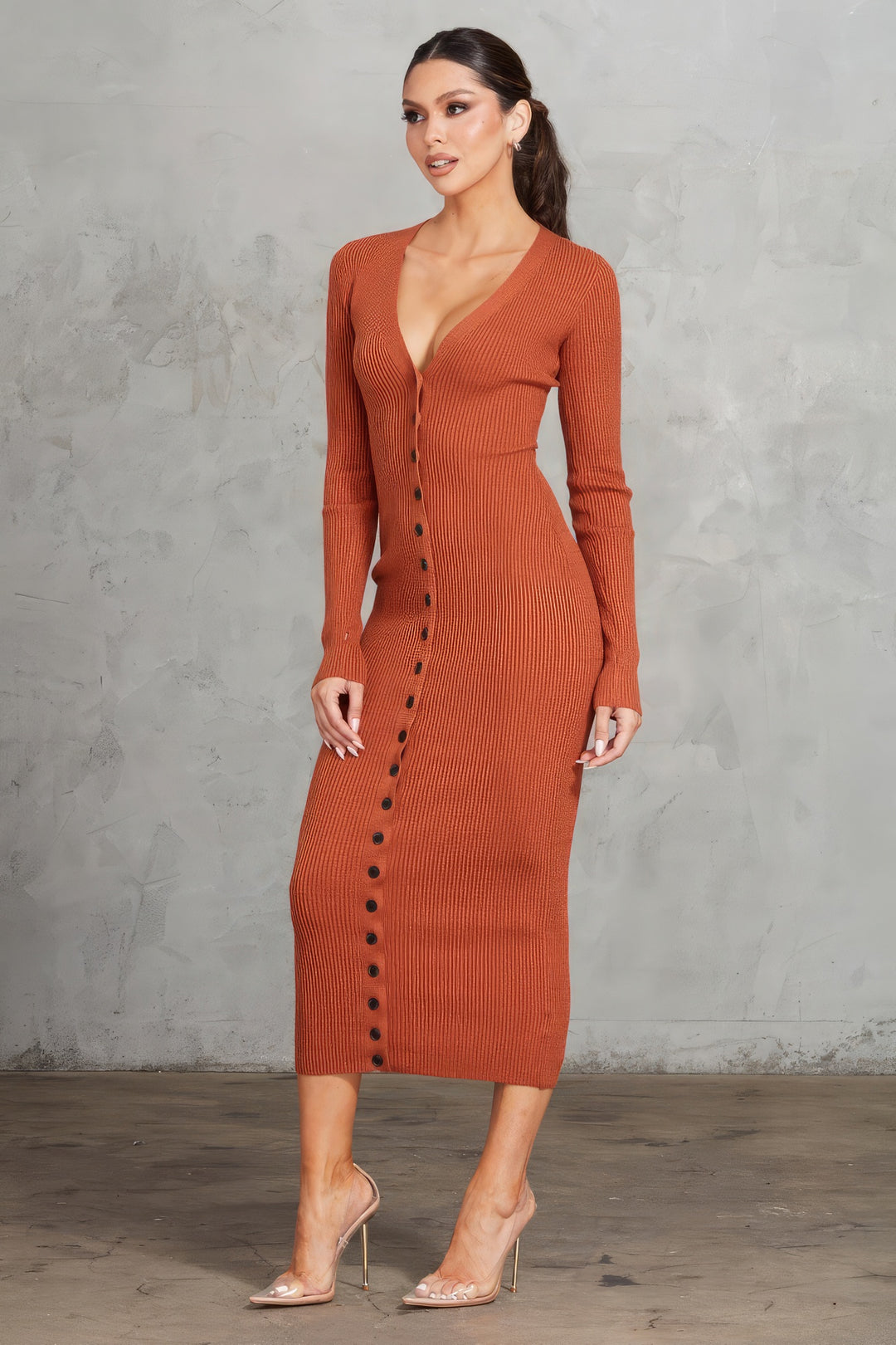 Ribbed Midi Dress Cognac