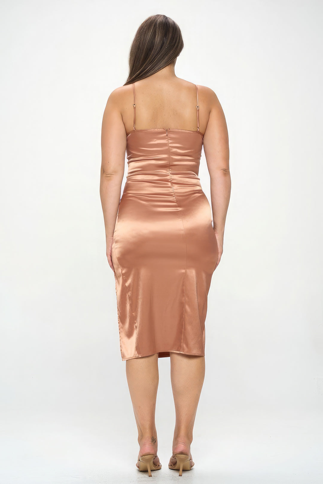 Plus Solid Satin Front Knot Bodycon Midi Dress Copper