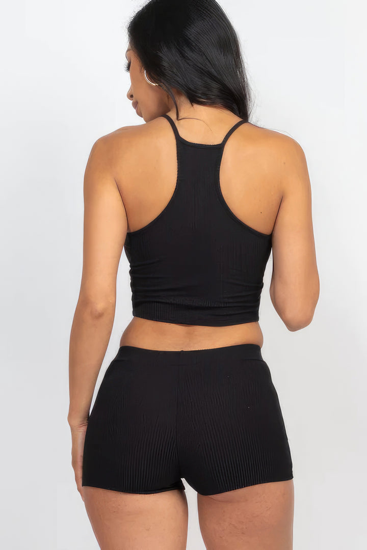 Ribbed Crop Cami Top & Shorts Set Black