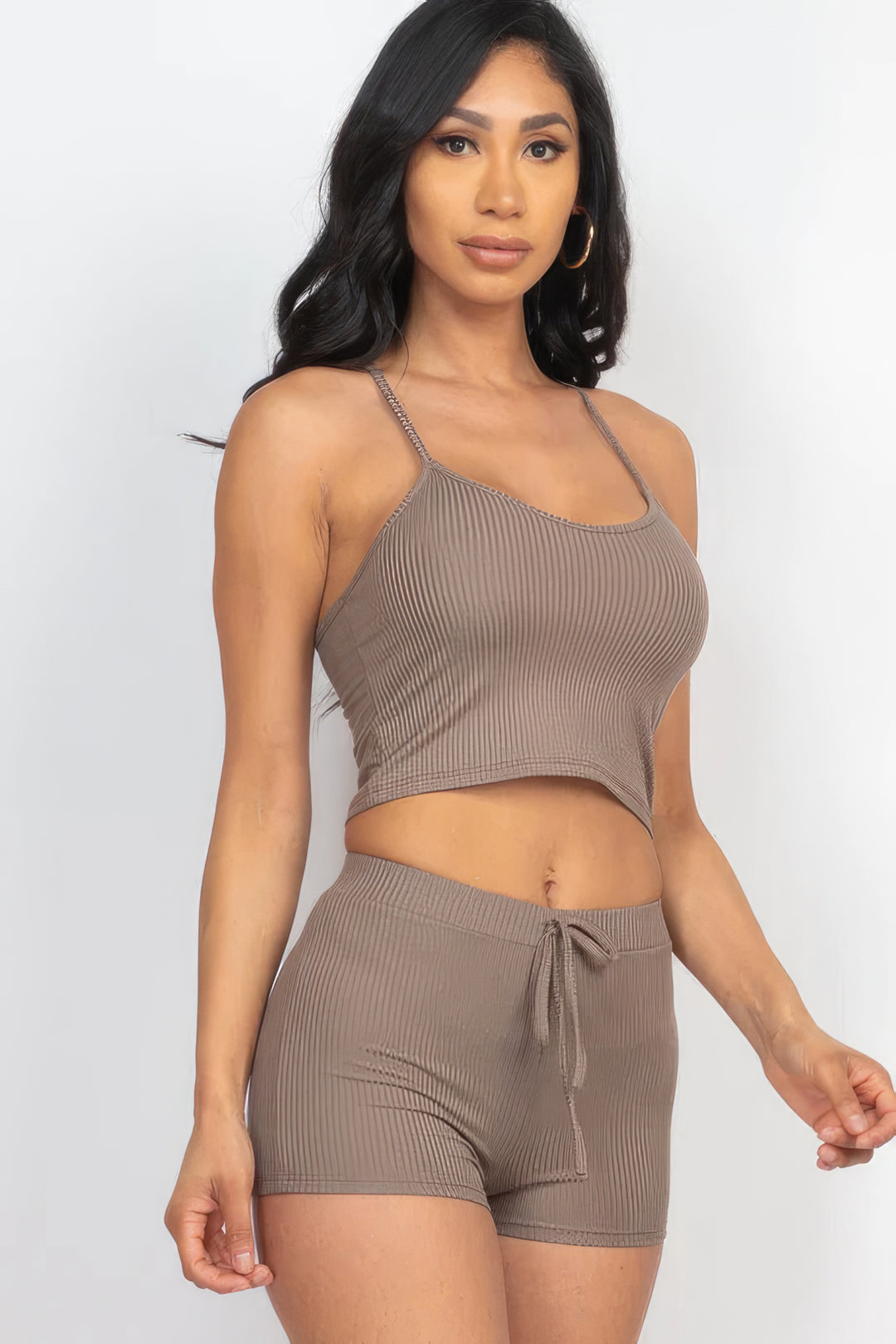 Ribbed Crop Cami Top & Shorts Set Taupe