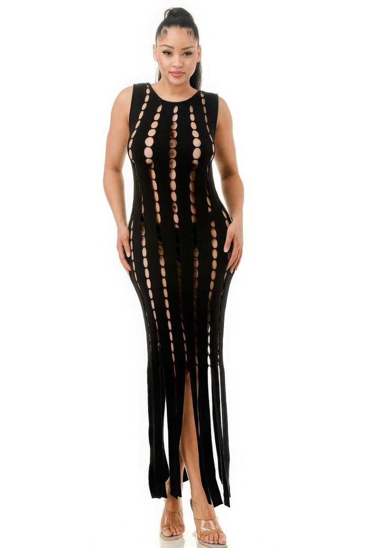 Cut Out Fringe Dress Black