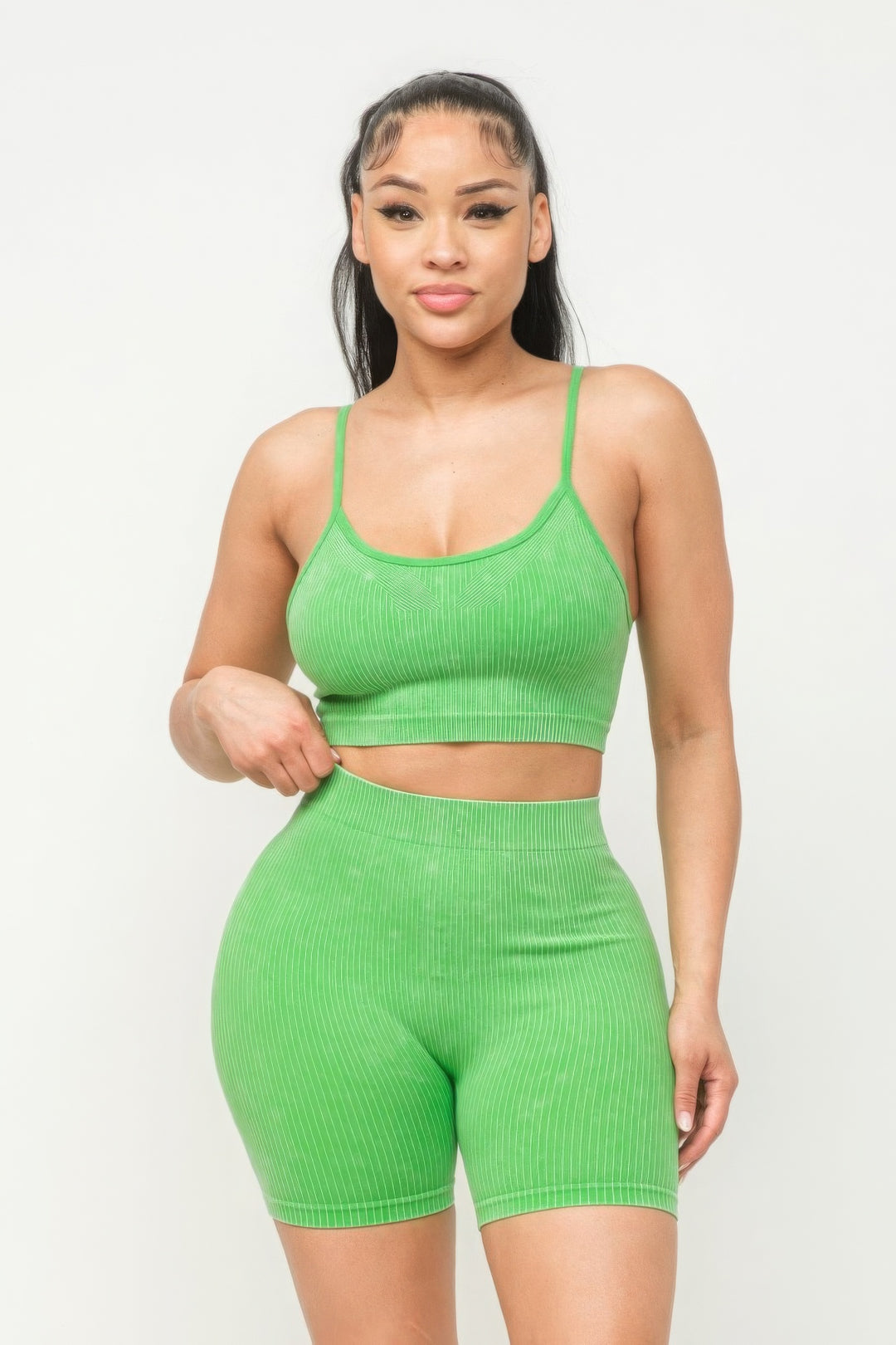 Washed Seamless Basic Tank Top And Shorts Set Lime