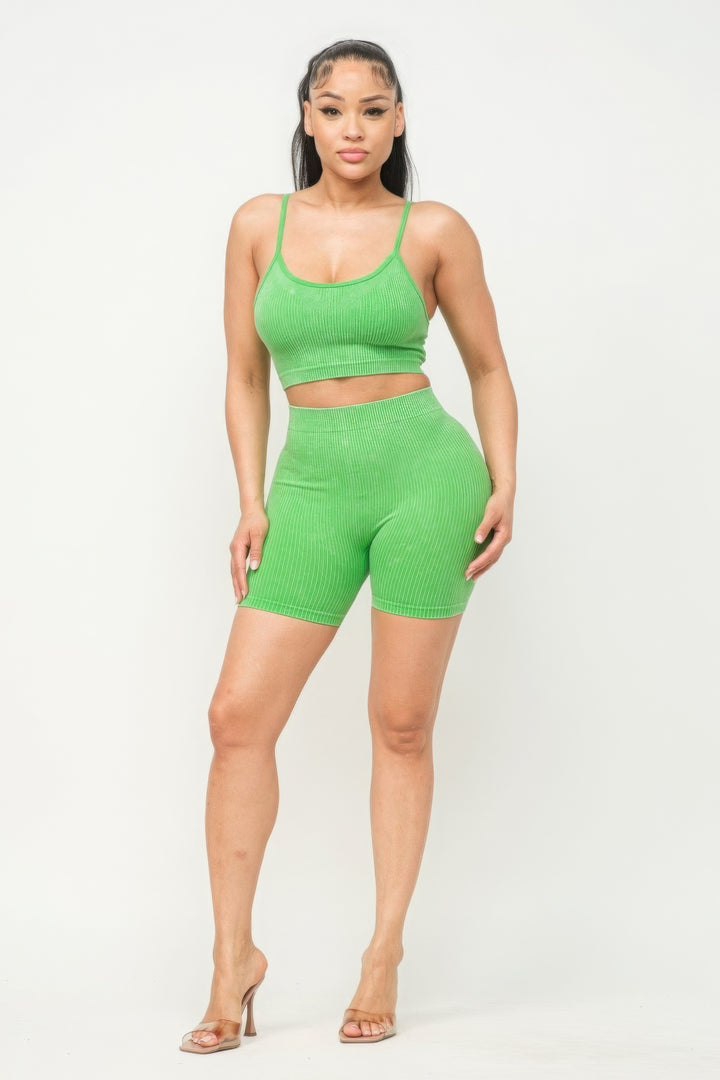 Washed Seamless Basic Tank Top And Shorts Set Lime