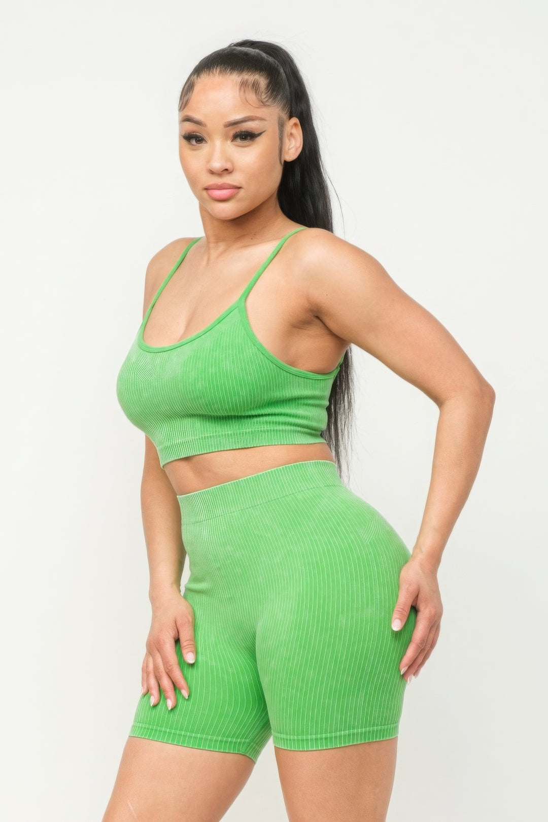 Washed Seamless Basic Tank Top And Shorts Set Lime