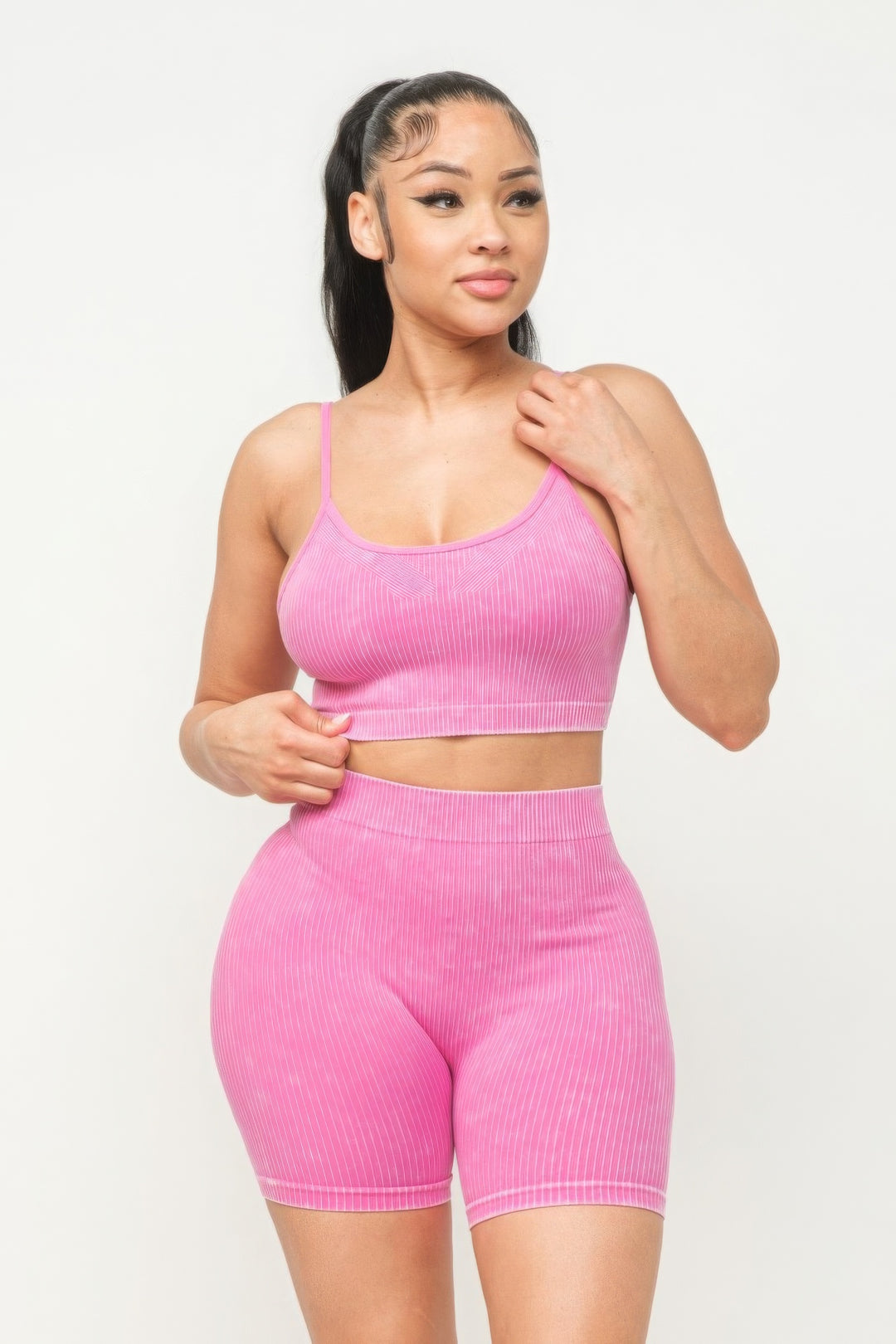 Washed Seamless Basic Tank Top And Shorts Set Soft Pink