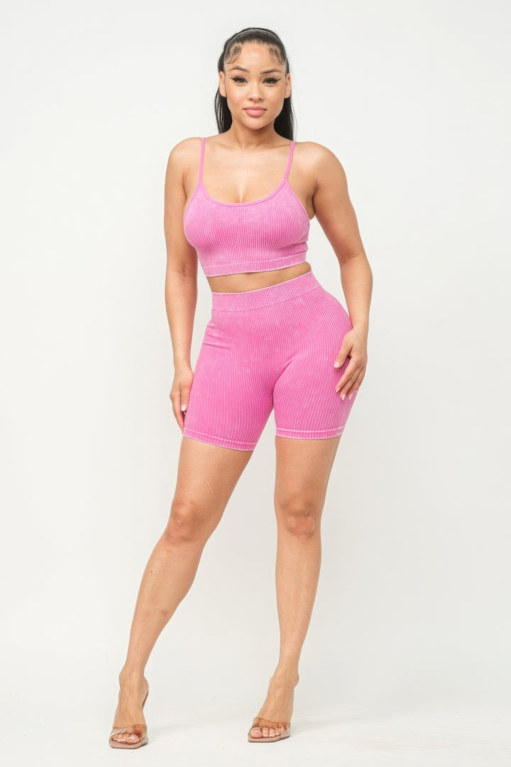 Washed Seamless Basic Tank Top And Shorts Set Soft Pink