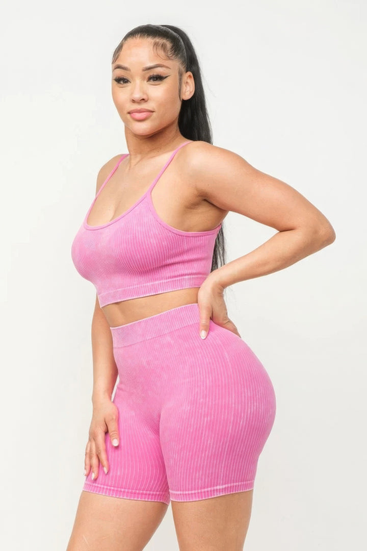 Washed Seamless Basic Tank Top And Shorts Set Soft Pink