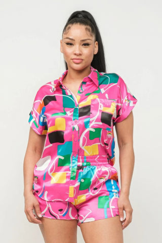 Satin Dolman Print Button Down Top And Shorts Set Fuchsia