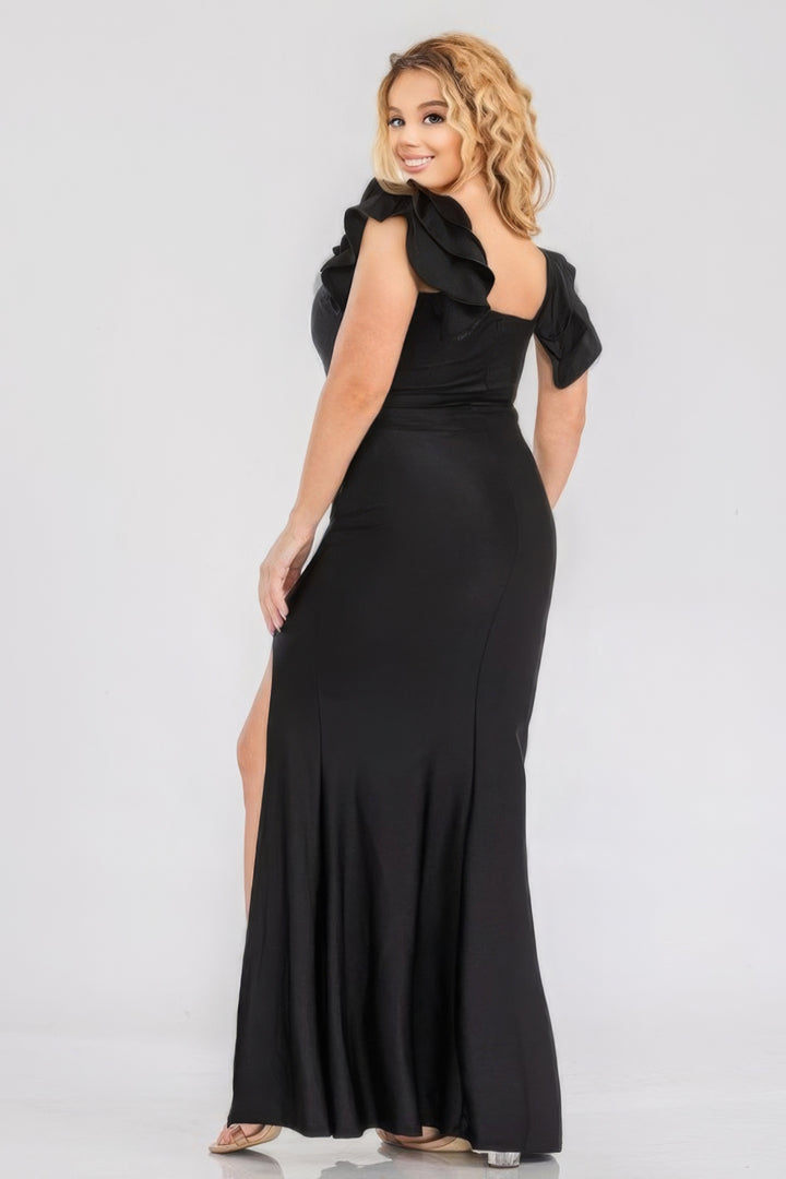 Plus Satin Strech Ruffle Party Maxi Dress Black