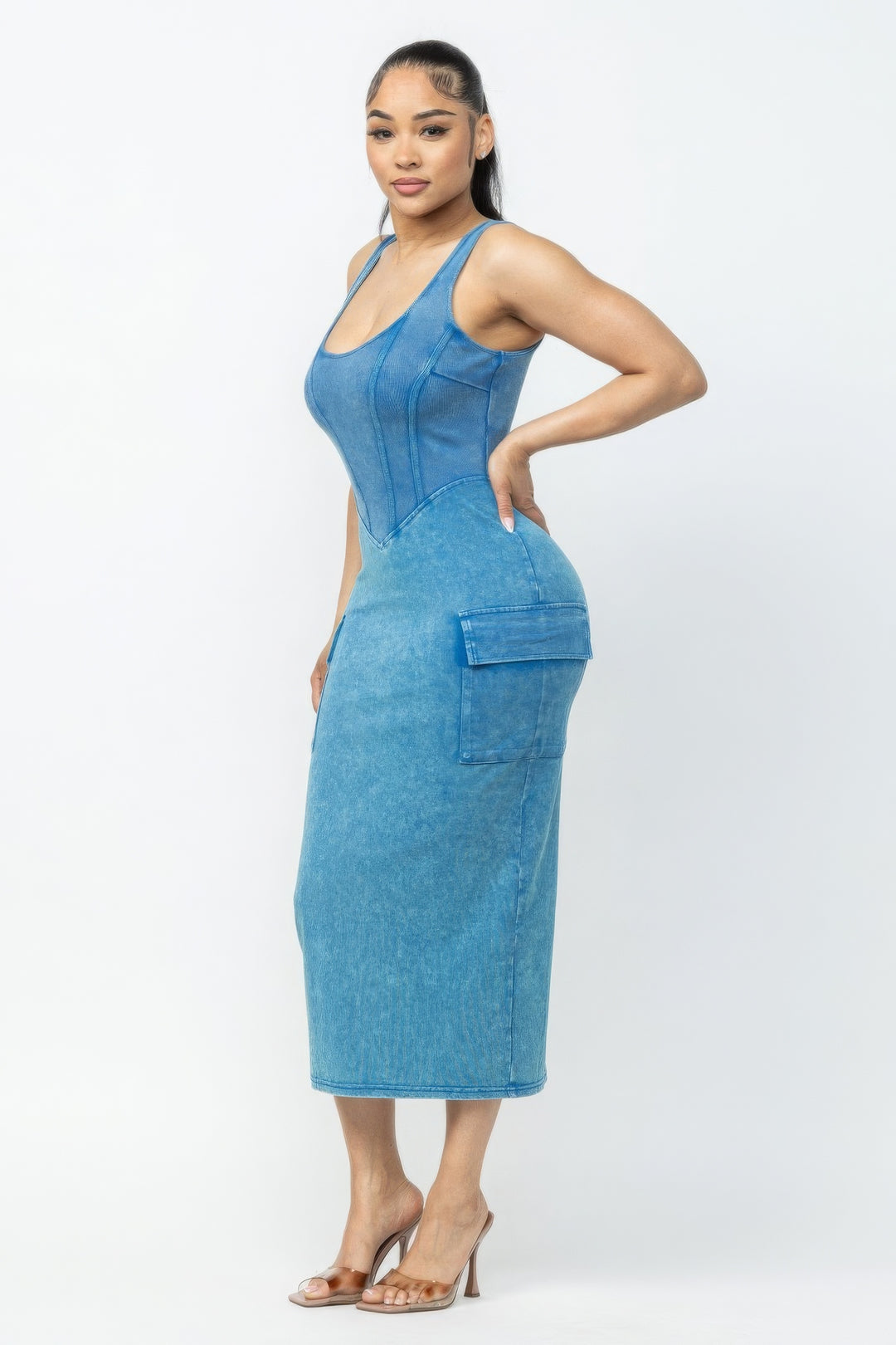 Acid Washed Cargo Midi Dress Blue