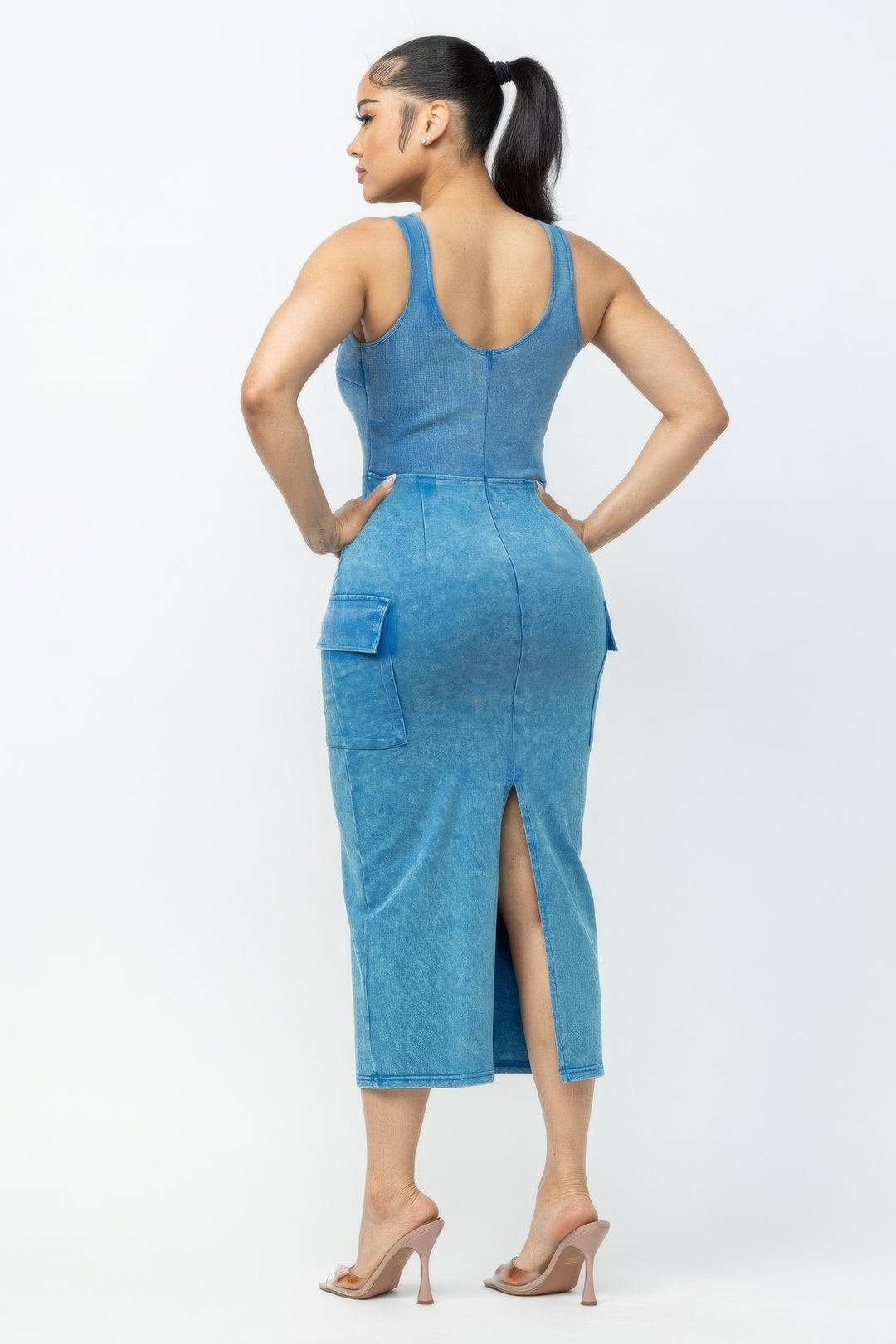 Acid Washed Cargo Midi Dress Blue