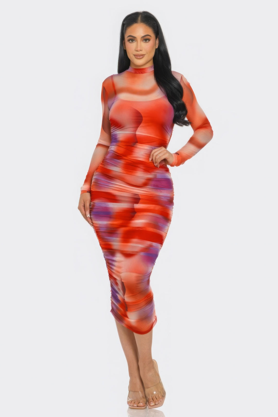 Summer Heat Print Mesh Ruched Midi Dress Tomato/Purple