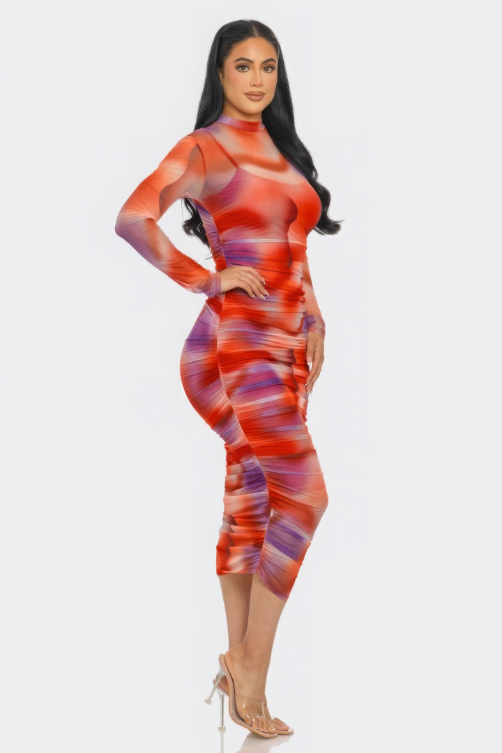 Summer Heat Print Mesh Ruched Midi Dress Tomato/Purple