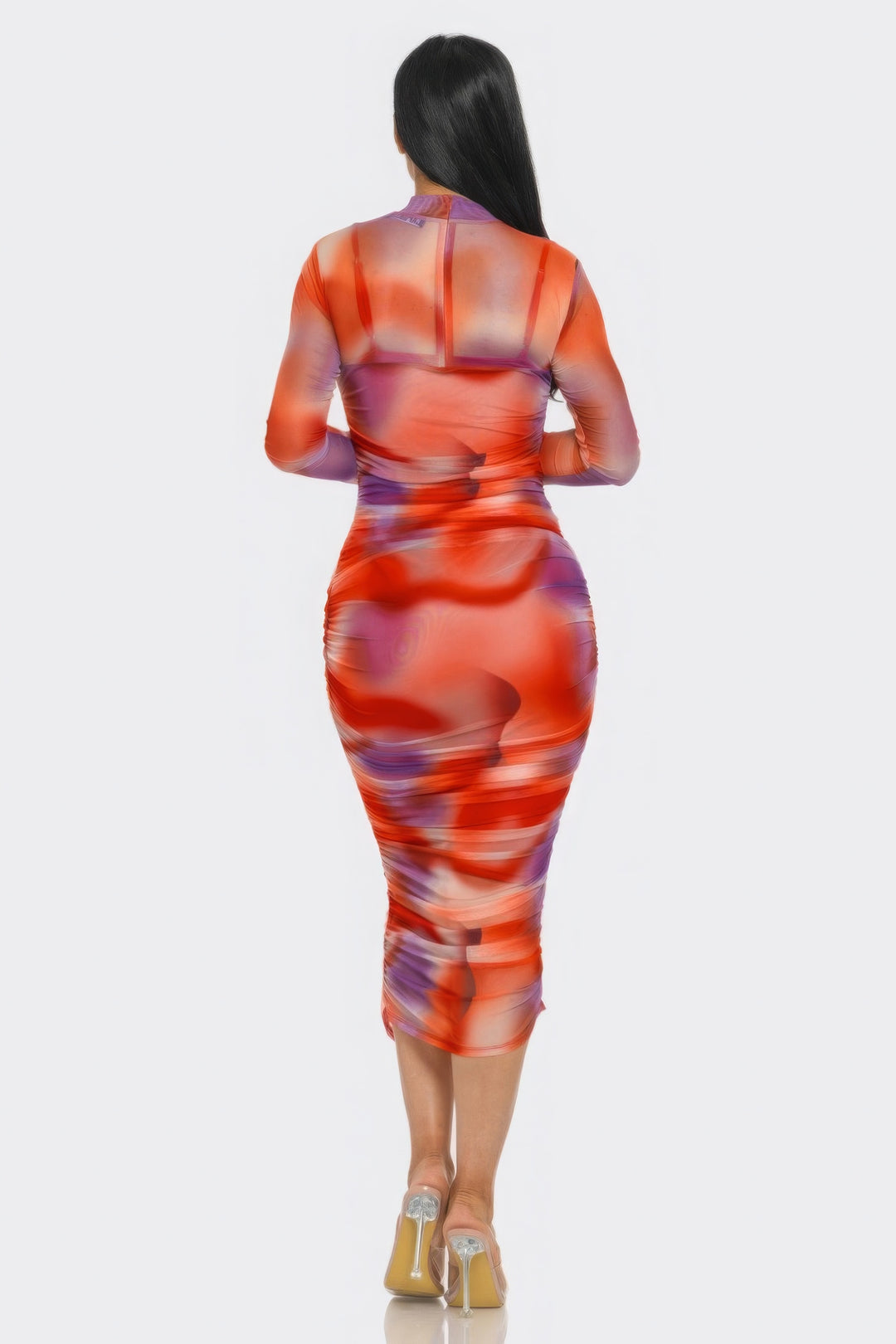 Summer Heat Print Mesh Ruched Midi Dress Tomato/Purple