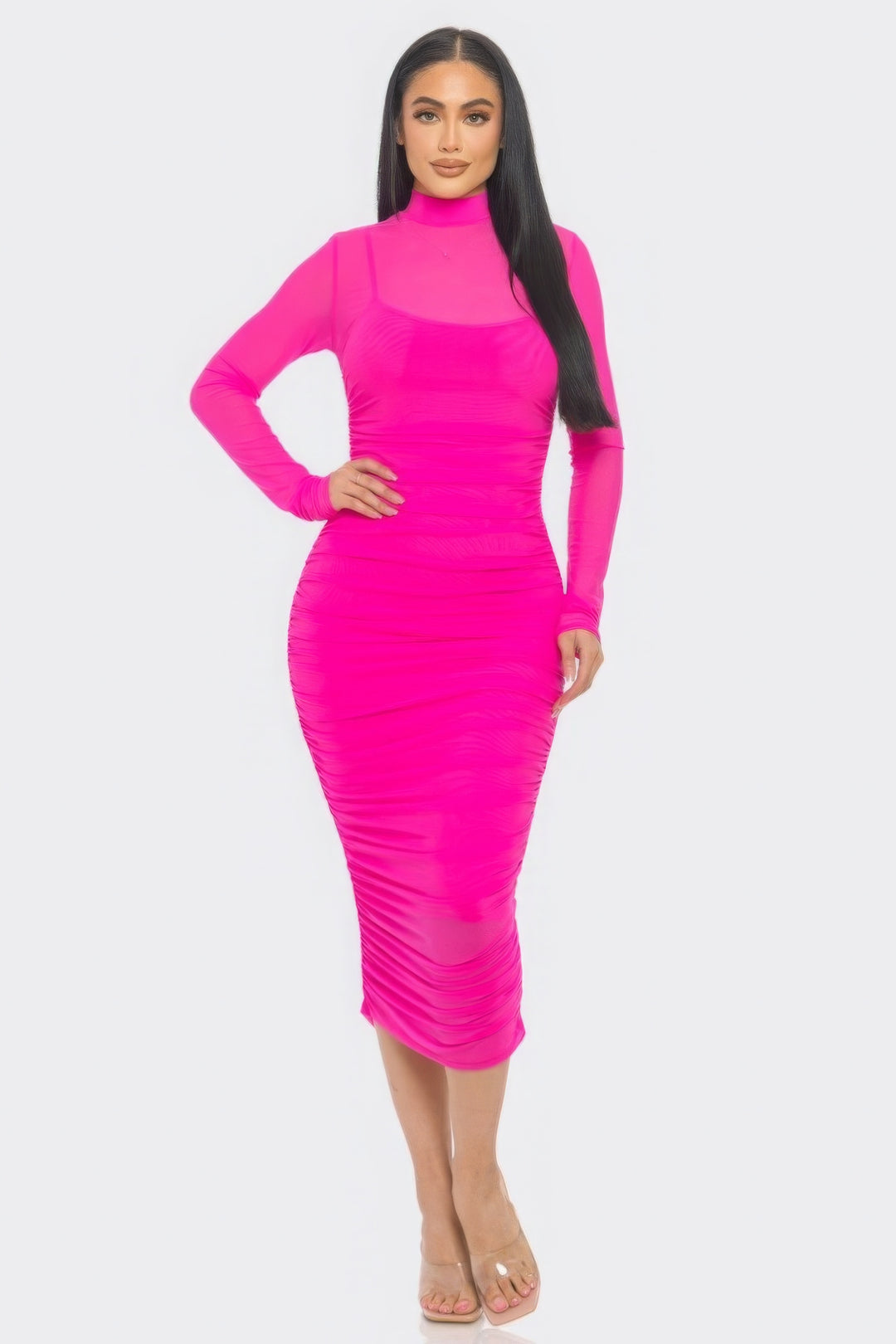 Solid Mesh Ruched Midi Dress Fuchsia