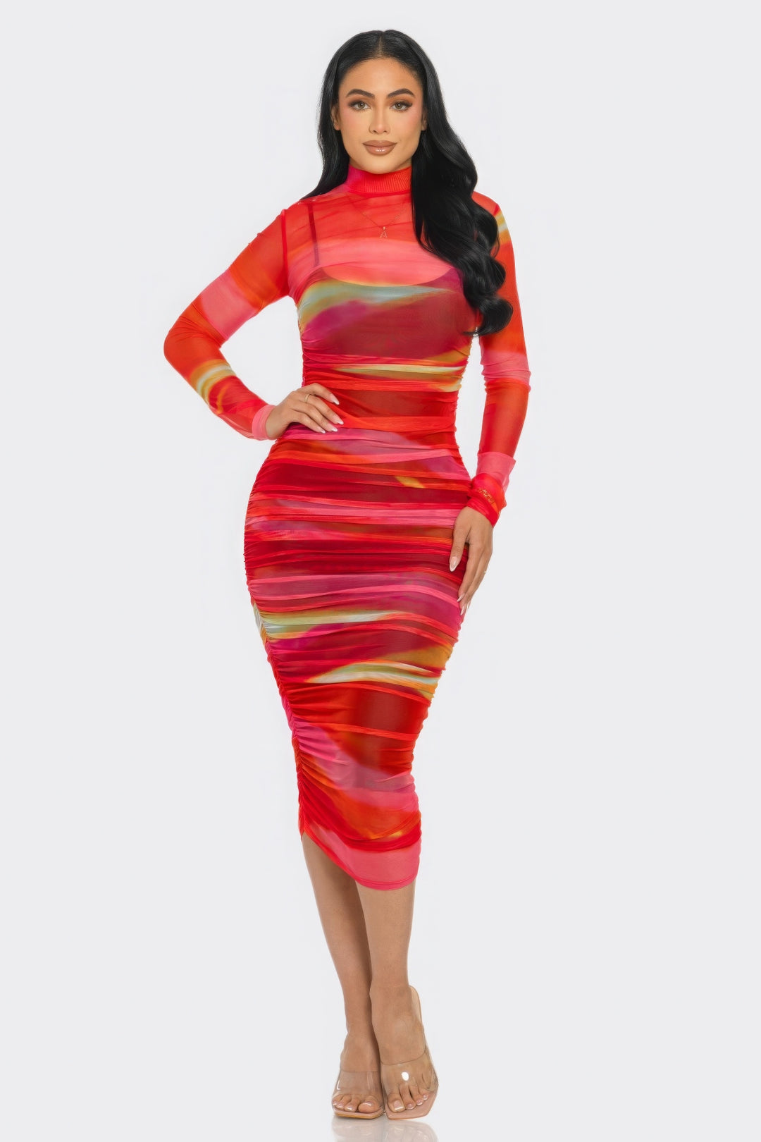 Glitch Print Mesh Ruched Midi Dress Tomato/Yellow