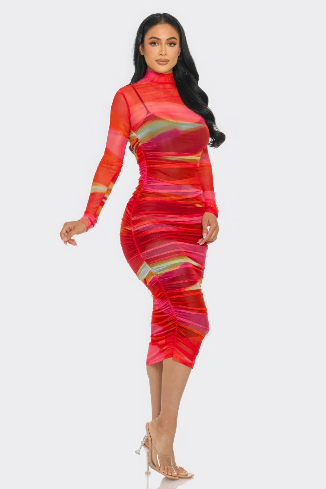 Glitch Print Mesh Ruched Midi Dress Tomato/Yellow