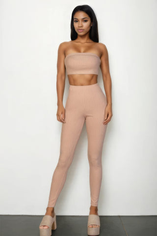 Ribbed Tube Top & Leggings Set Khaki