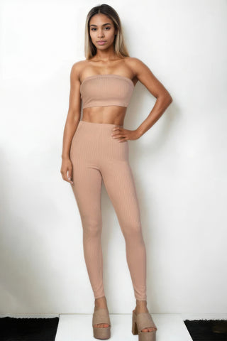 Ribbed Tube Top & Leggings Set Khaki