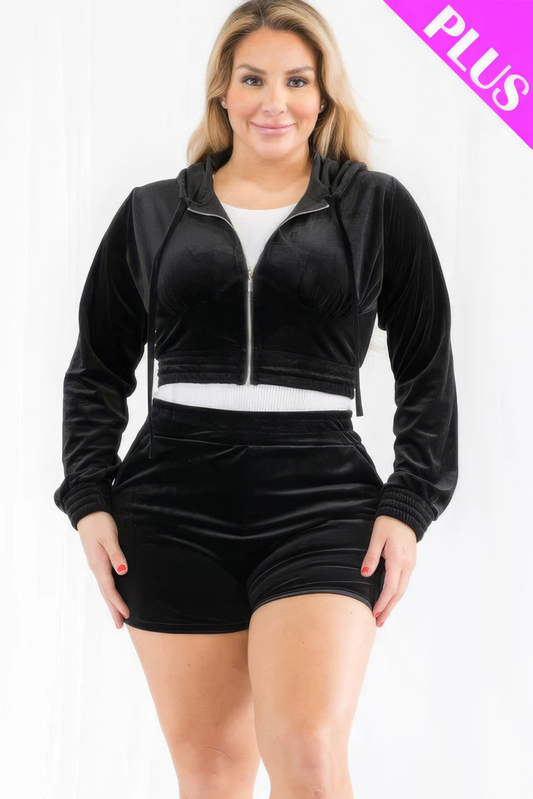 Black Velour Crop Zip Up Hoodie And Shorts Set