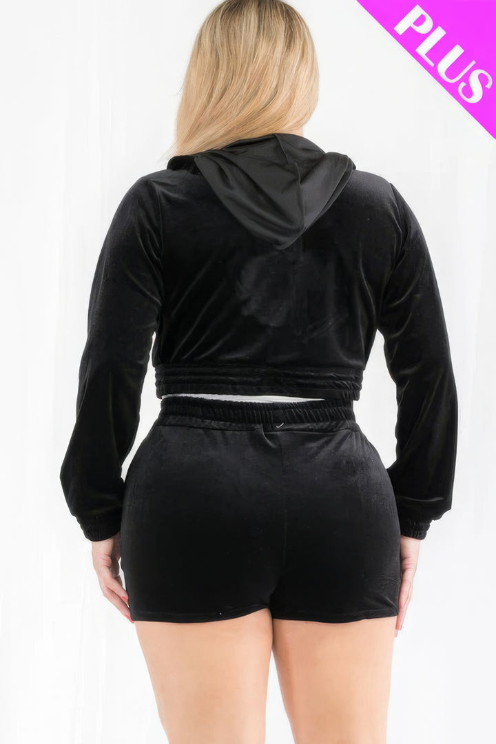 Black Velour Crop Zip Up Hoodie And Shorts Set