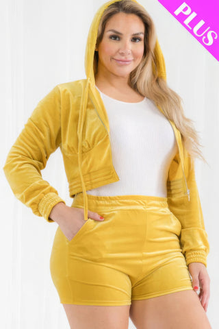 Yellow Velour Crop Zip Up Hoodie And Shorts Set