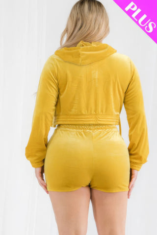 Yellow Velour Crop Zip Up Hoodie And Shorts Set