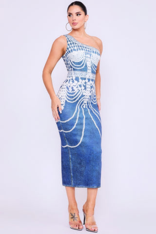 One-Shoulder Wonder Denim Print Dress