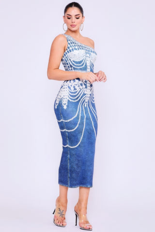 One-Shoulder Wonder Denim Print Dress