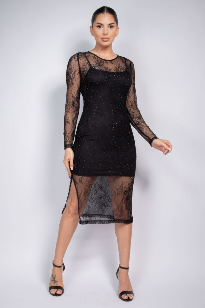 Lace Rhinestone-studded Slit Midi Dress Black