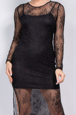 Black Sparkle Slit Midi Dress