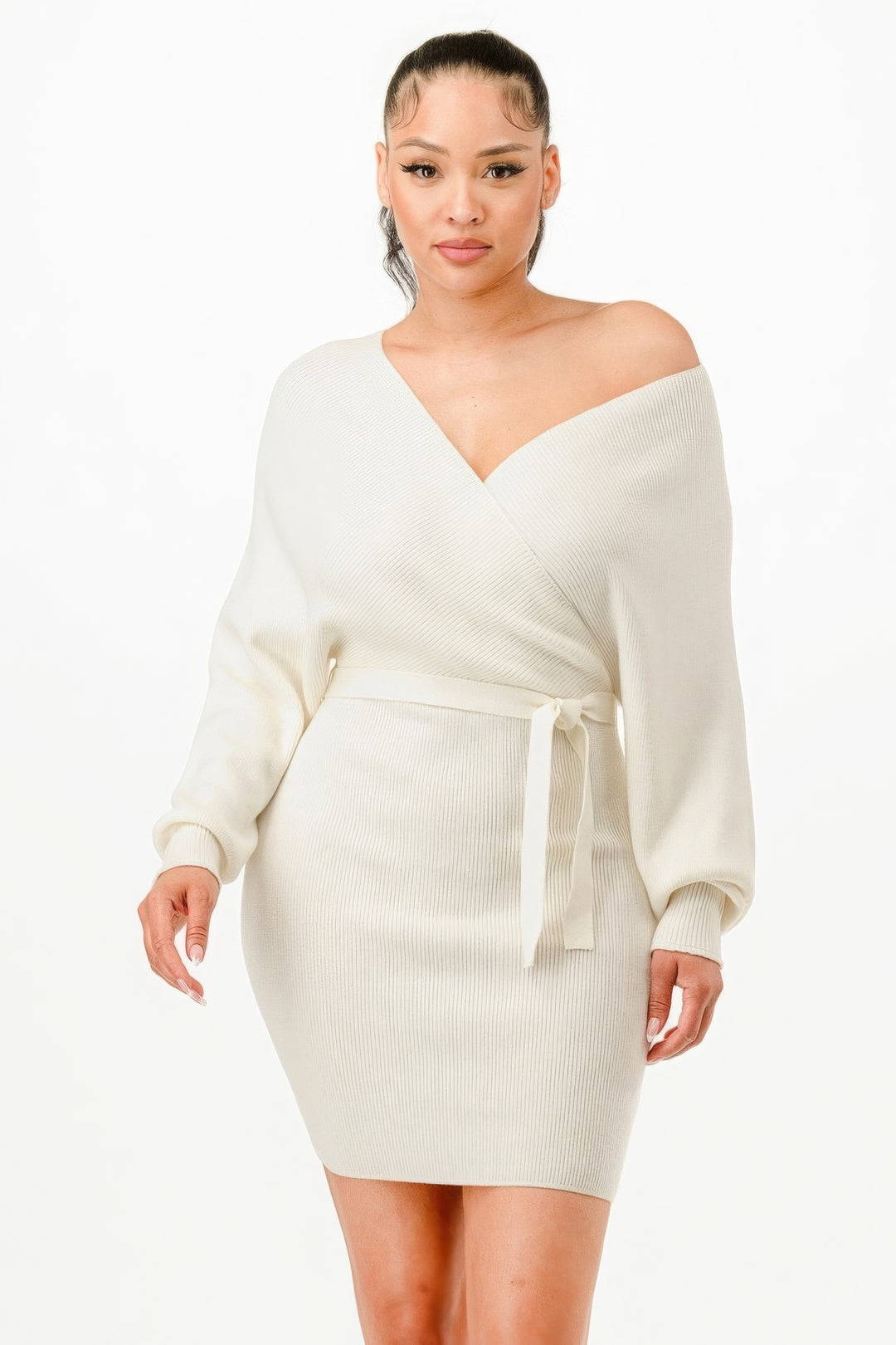 Off Shoulder Wrap Belted Ribbed Sweather Dress Cream