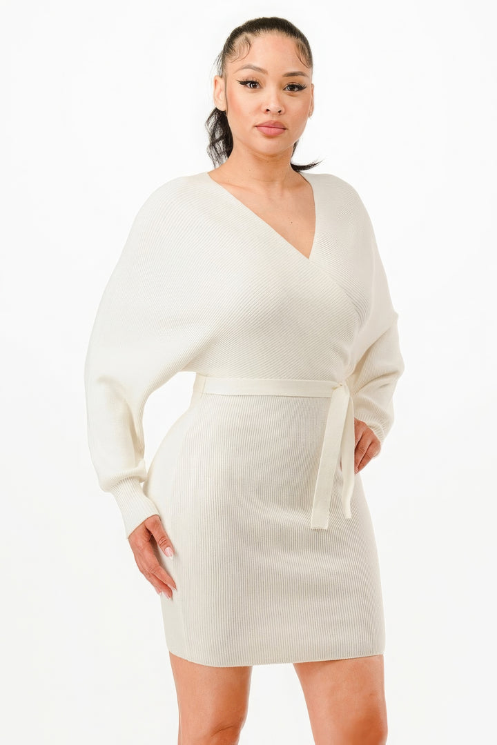 Off Shoulder Wrap Belted Ribbed Sweather Dress Cream