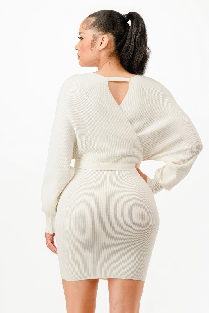 Off Shoulder Wrap Belted Ribbed Sweather Dress Cream