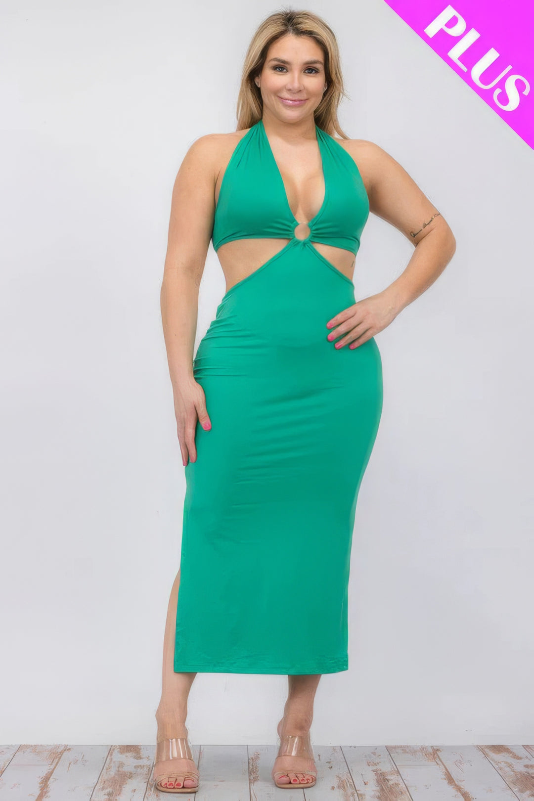 Plus Size Cut-out Halter Neck Double Back Tie Split Thigh Midi Dress Kelly Green