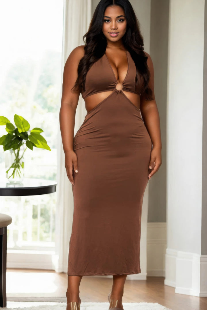 Plus Size Cut-out Halter Neck Double Back Tie Split Thigh Midi Dress Brown