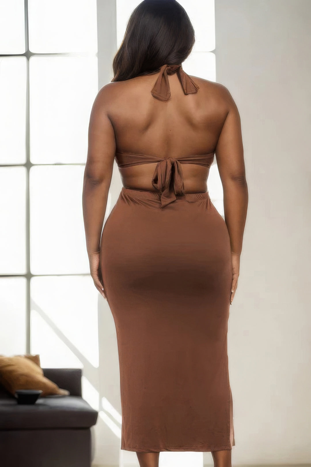 Plus Size Cut-out Halter Neck Double Back Tie Split Thigh Midi Dress Brown