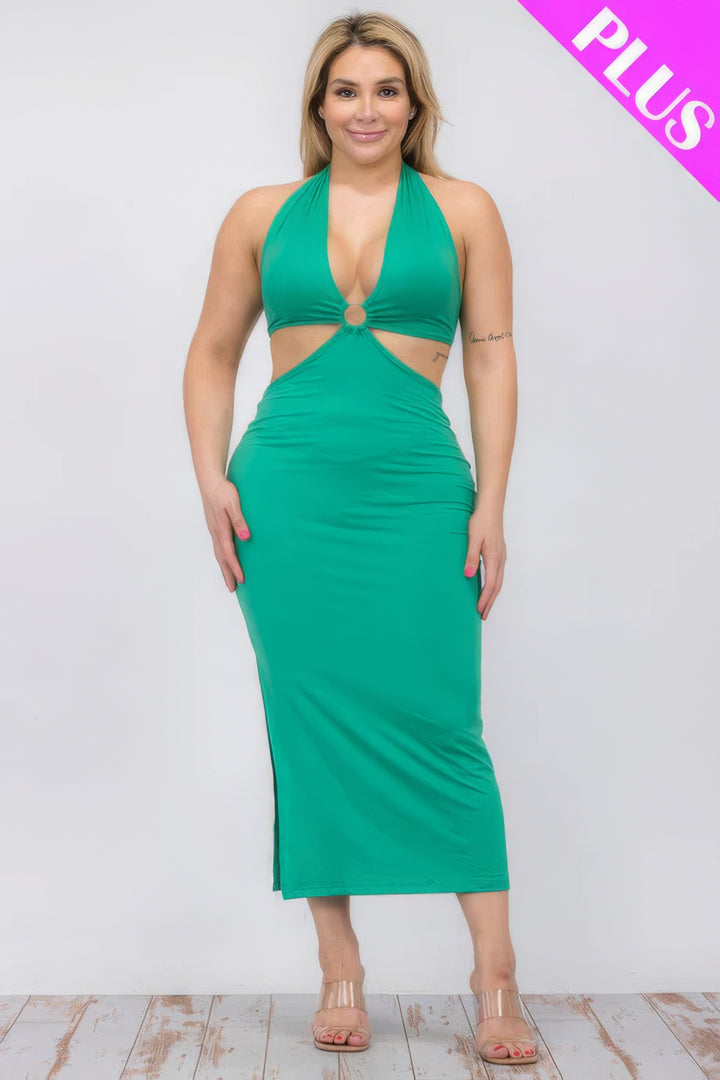 Plus Size Cut-out Halter Neck Double Back Tie Split Thigh Midi Dress Kelly Green