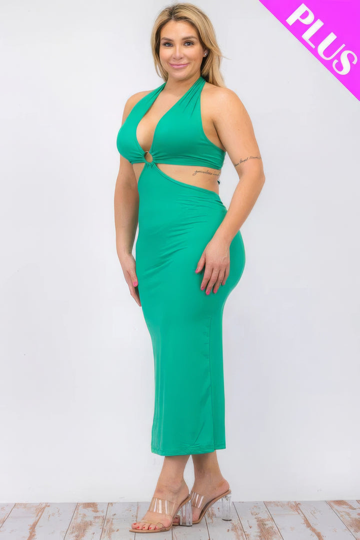 Plus Size Cut-out Halter Neck Double Back Tie Split Thigh Midi Dress Kelly Green