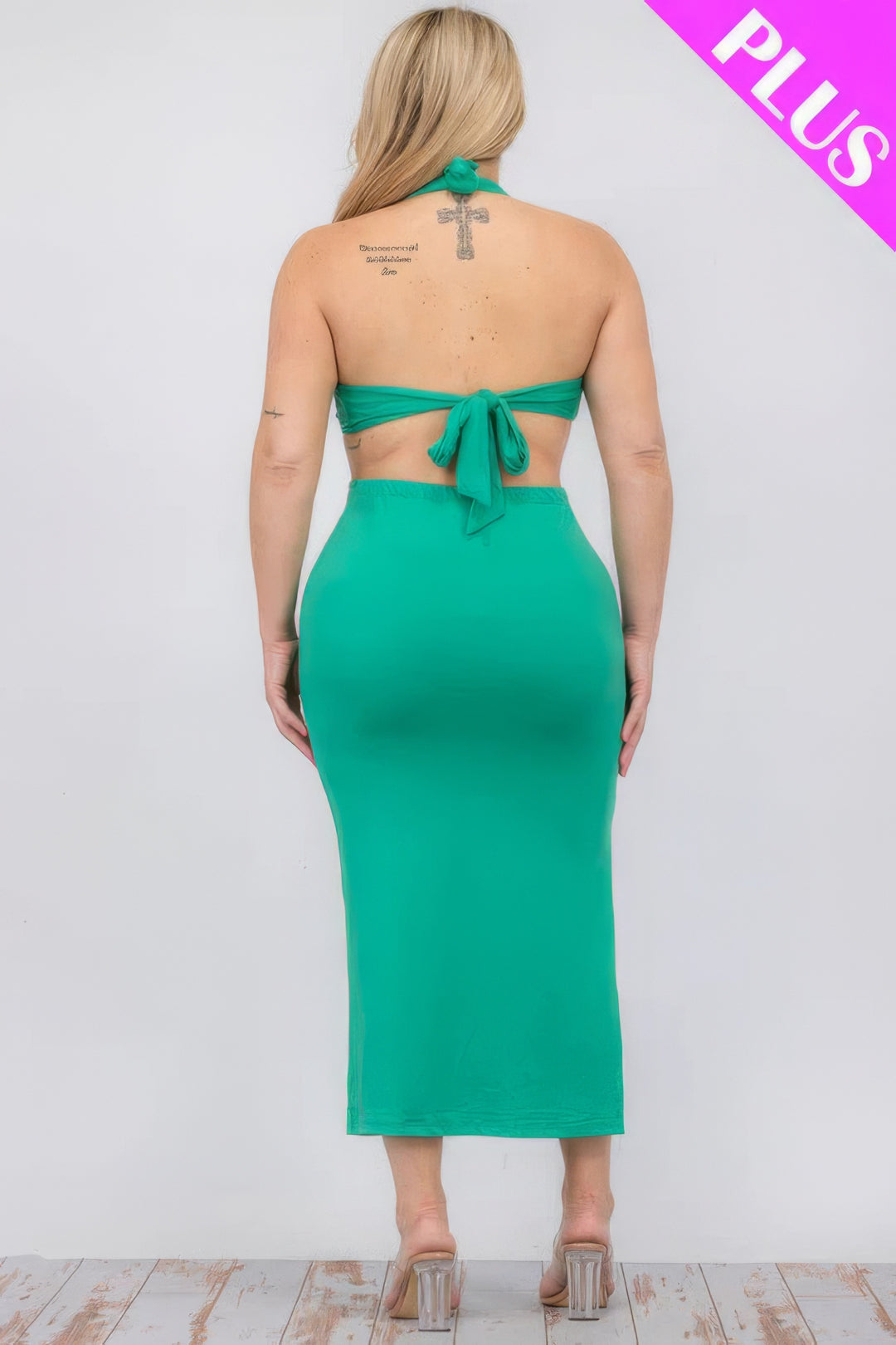 Plus Size Cut-out Halter Neck Double Back Tie Split Thigh Midi Dress Kelly Green