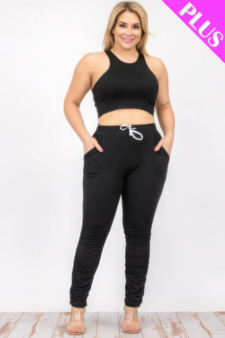 Plus Size Crop Tank Top & Ruched Pants Set Black