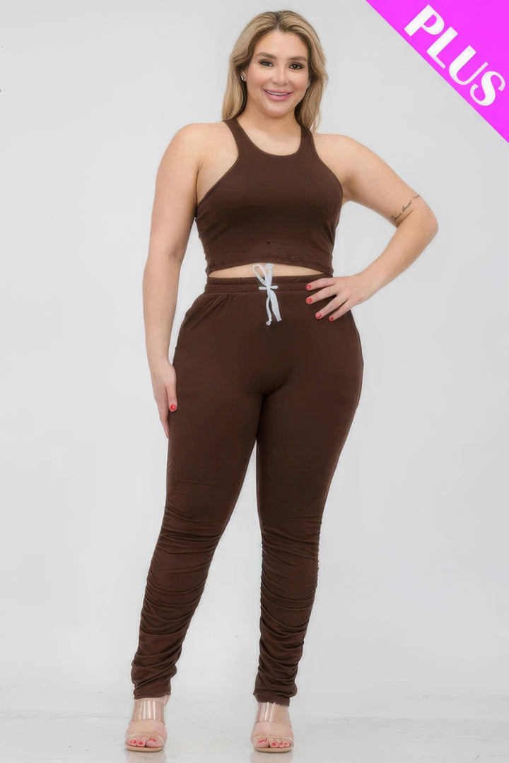 Plus Size Crop Tank Top & Ruched Pants Set Coffee