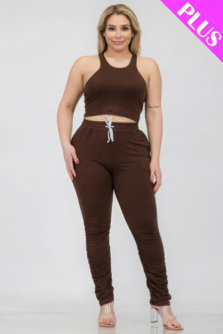 Plus Size Crop Tank Top & Ruched Pants Set Coffee