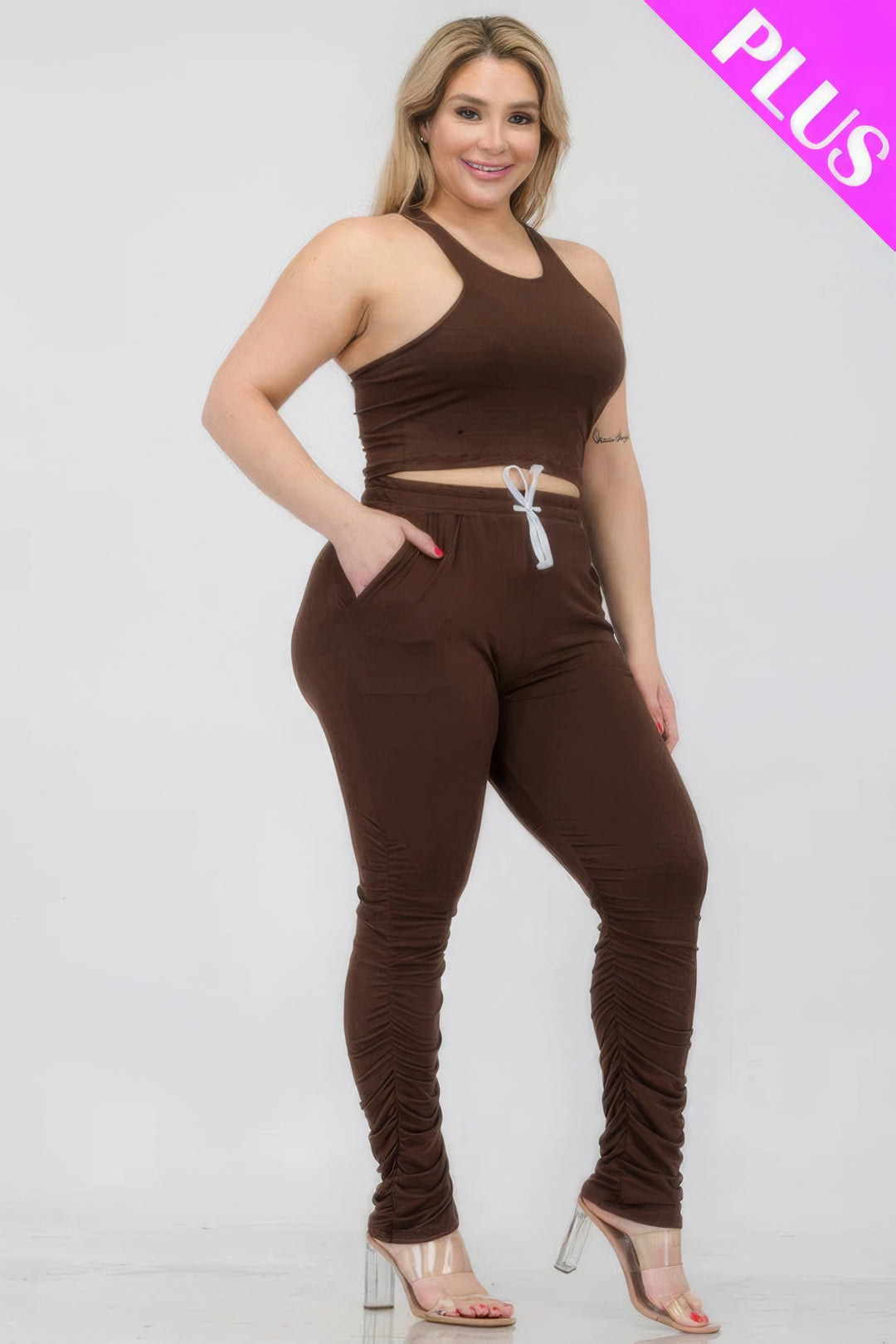 Plus Size Crop Tank Top & Ruched Pants Set Coffee