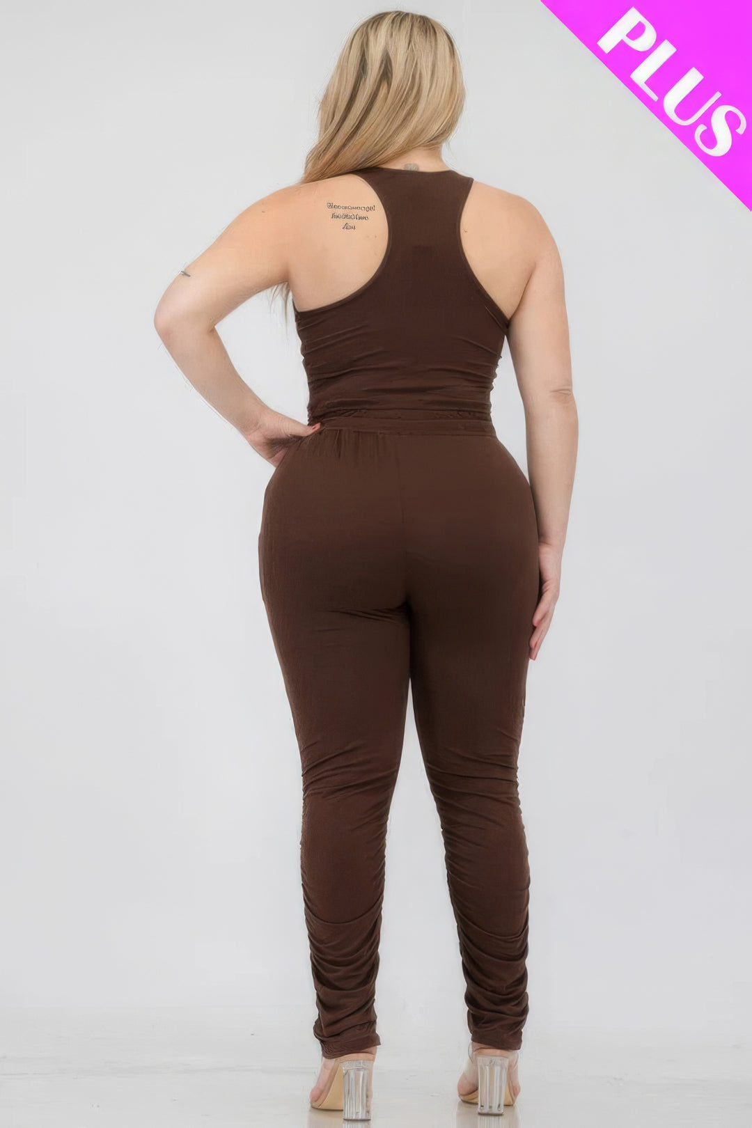 Plus Size Crop Tank Top & Ruched Pants Set Coffee