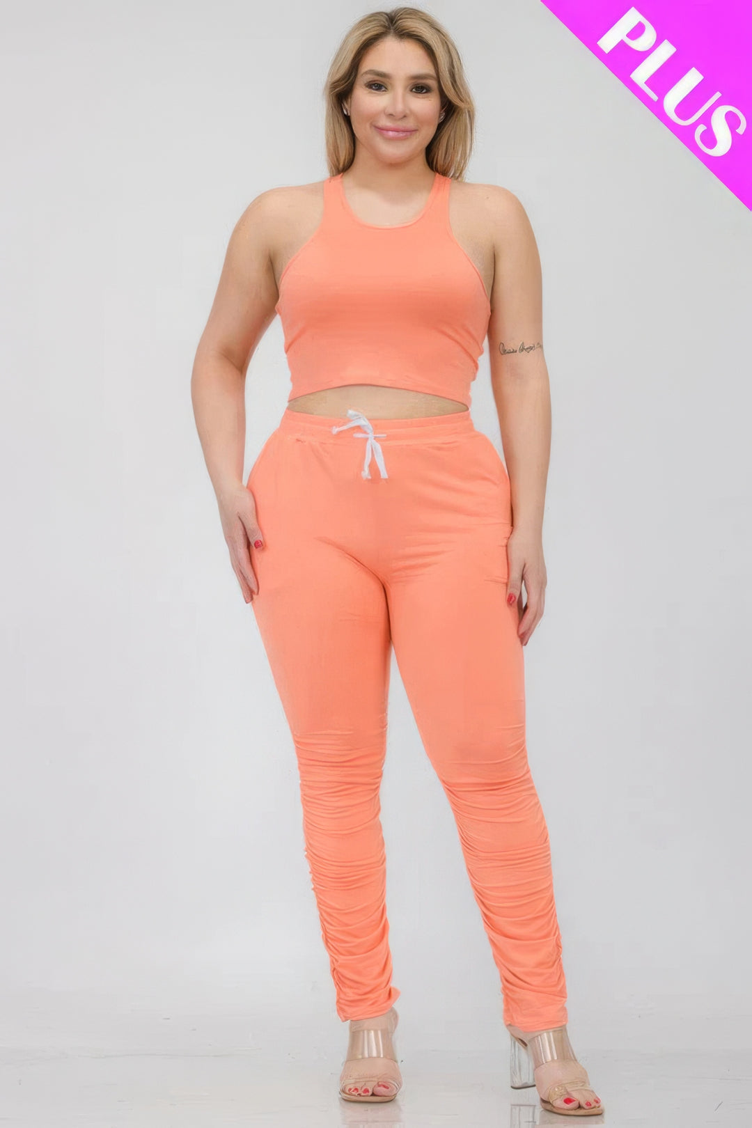 Plus Size Crop Tank Top & Ruched Pants Set Flamingo