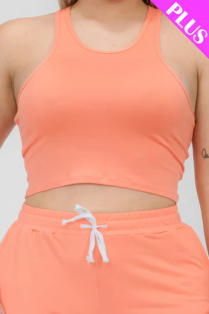 Plus Size Crop Tank Top & Ruched Pants Set Flamingo